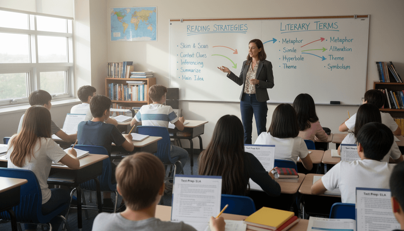 English teacher reviewing standardized test practice passages with students in a reading-focused classroom, writing prompts visible on whiteboard