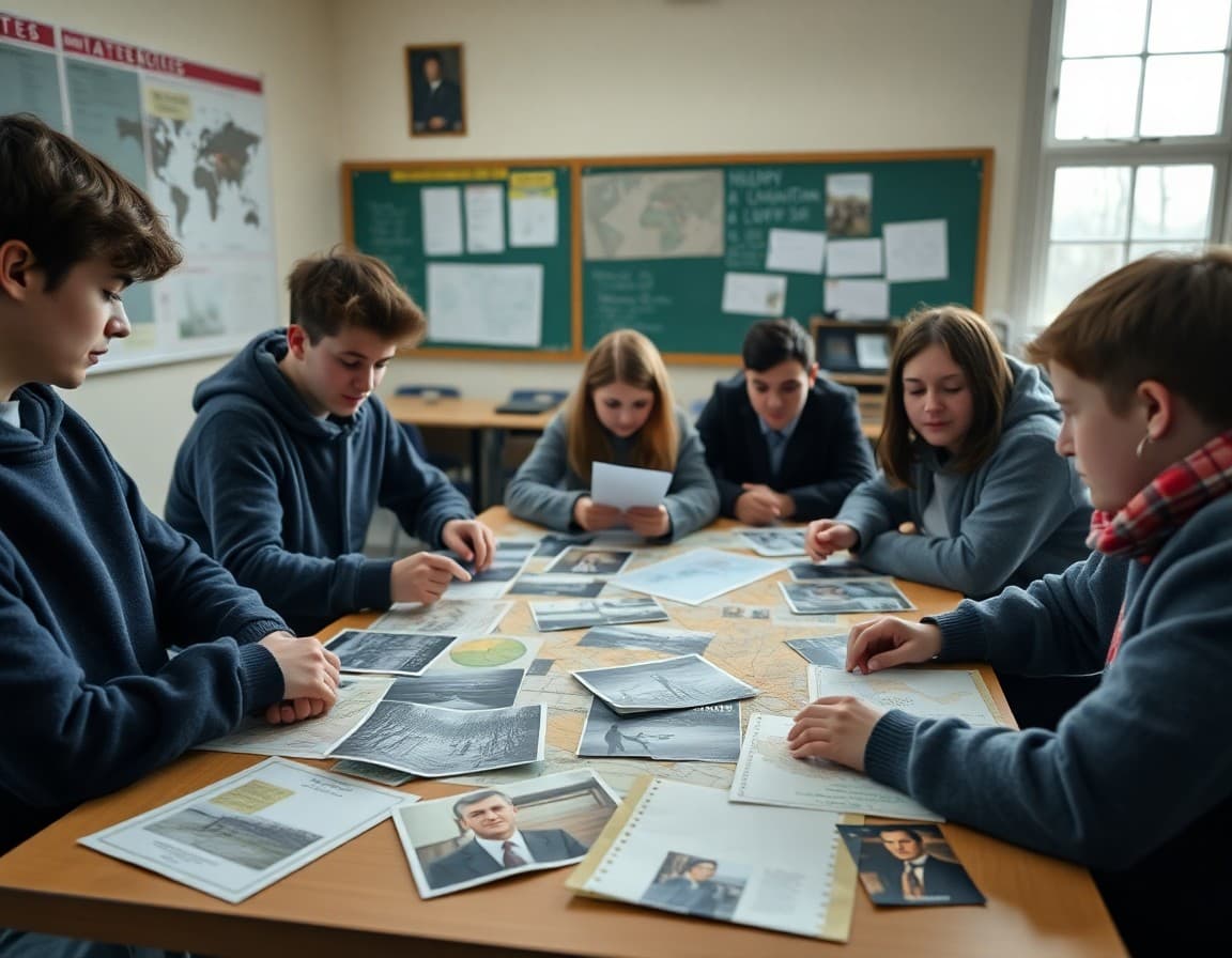 Historical photographs and maps spread across a student group workspace in a February classroom