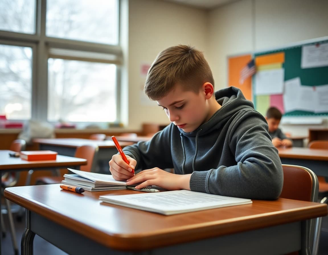 Student drafting an opinion essay with annotated mentor text beside it on a February classroom desk