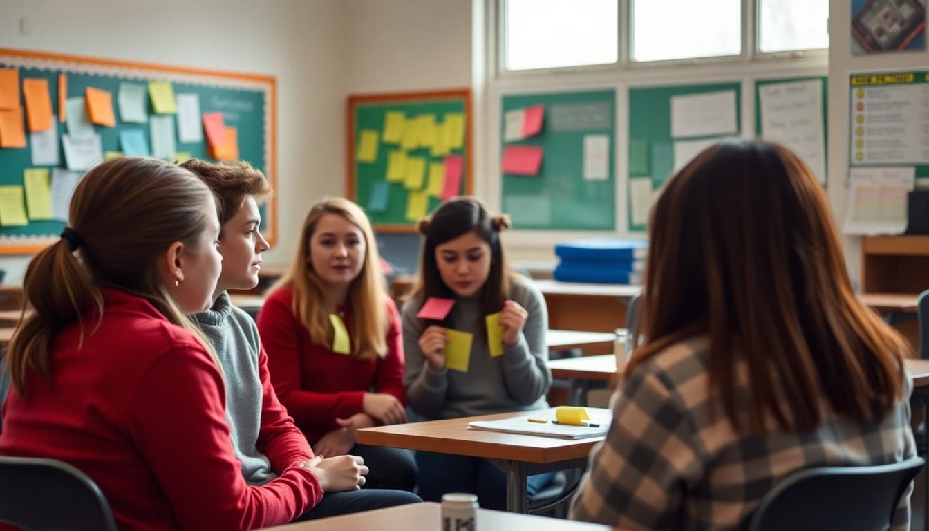Students brainstorming opinion writing topics on sticky notes during a February workshop