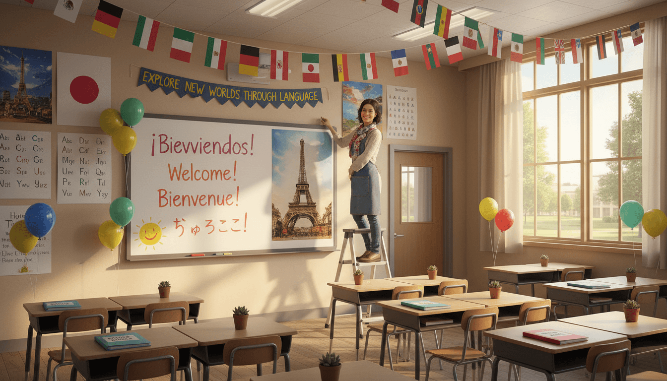 Foreign language teacher decorating a world language classroom with cultural posters and language maps ready for a new school year