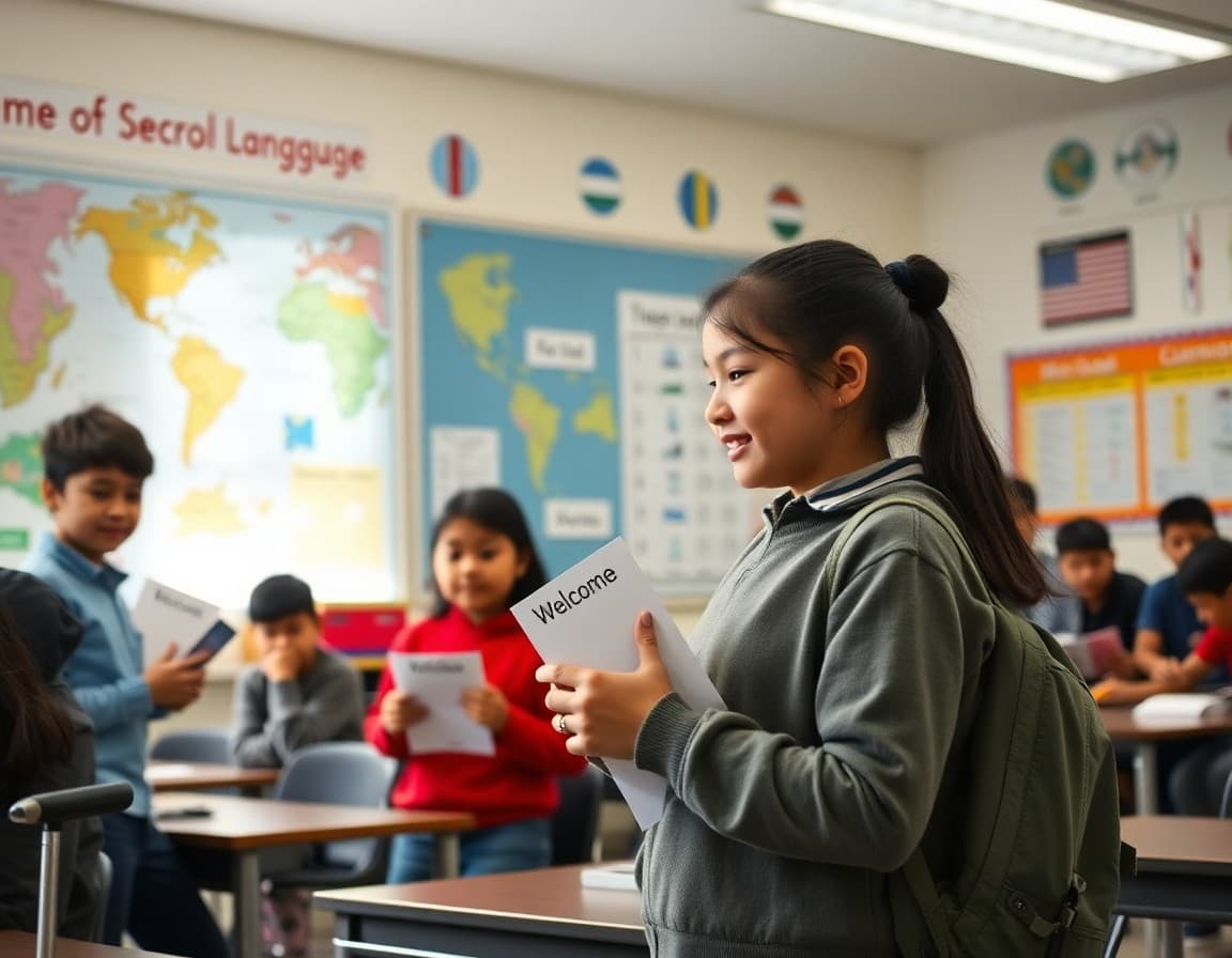 Students receiving welcome packets in a foreign language classroom decorated with maps and language learning charts