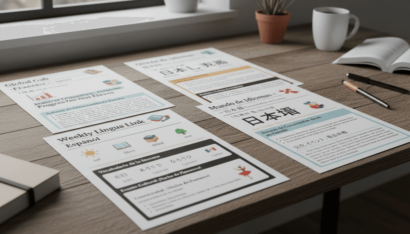 Several world language classroom newsletter examples showing vocabulary of the week, cultural spotlight features, and proficiency level progress updates