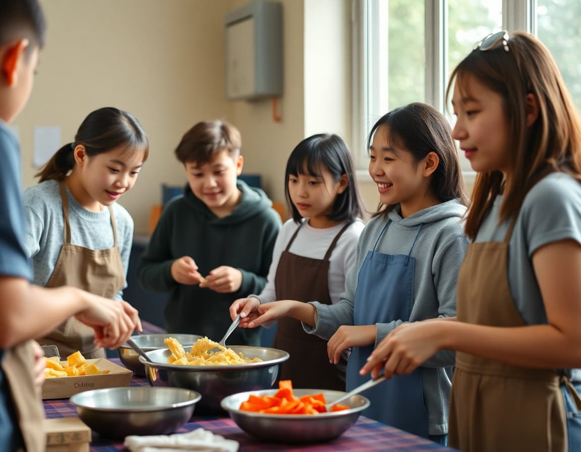 Language club students cooking traditional food and practicing conversational phrases at a cultural event