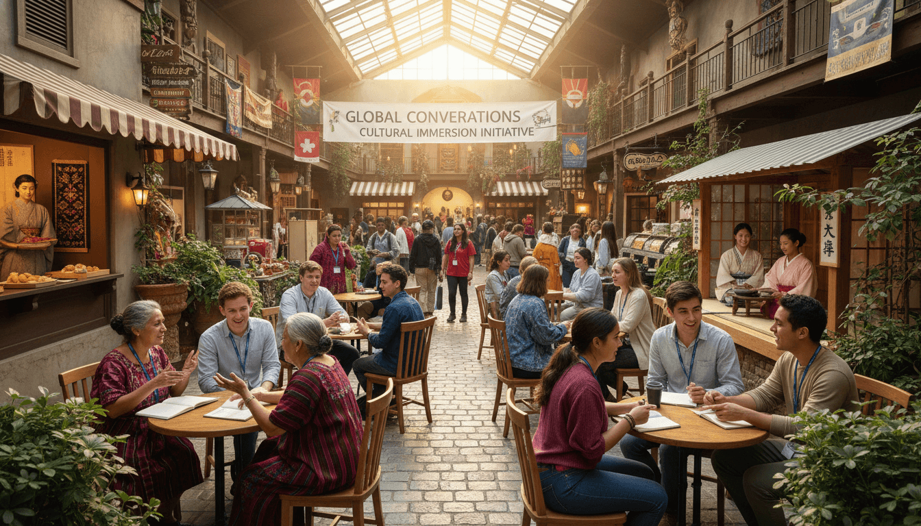 Students on a foreign language field trip at a cultural museum or ethnic restaurant, immersed in authentic language and culture experiences