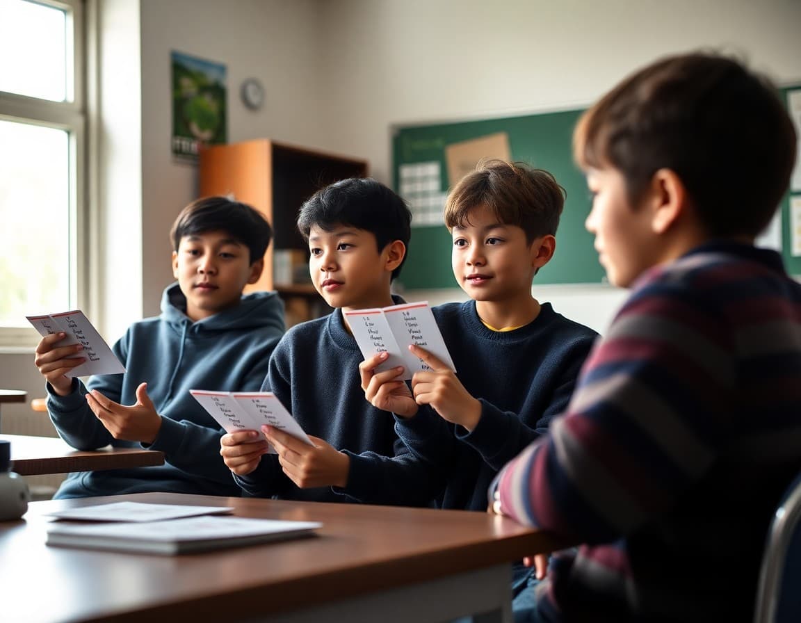 Students practicing first-unit vocabulary with flashcards and partner speaking activities in a language classroom