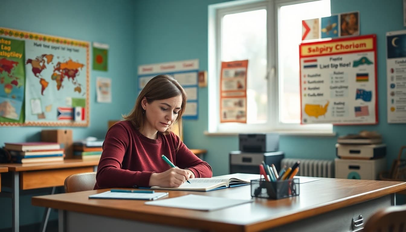 Foreign language teacher writing a unit overview at a classroom desk surrounded by cultural artifacts and vocabulary charts