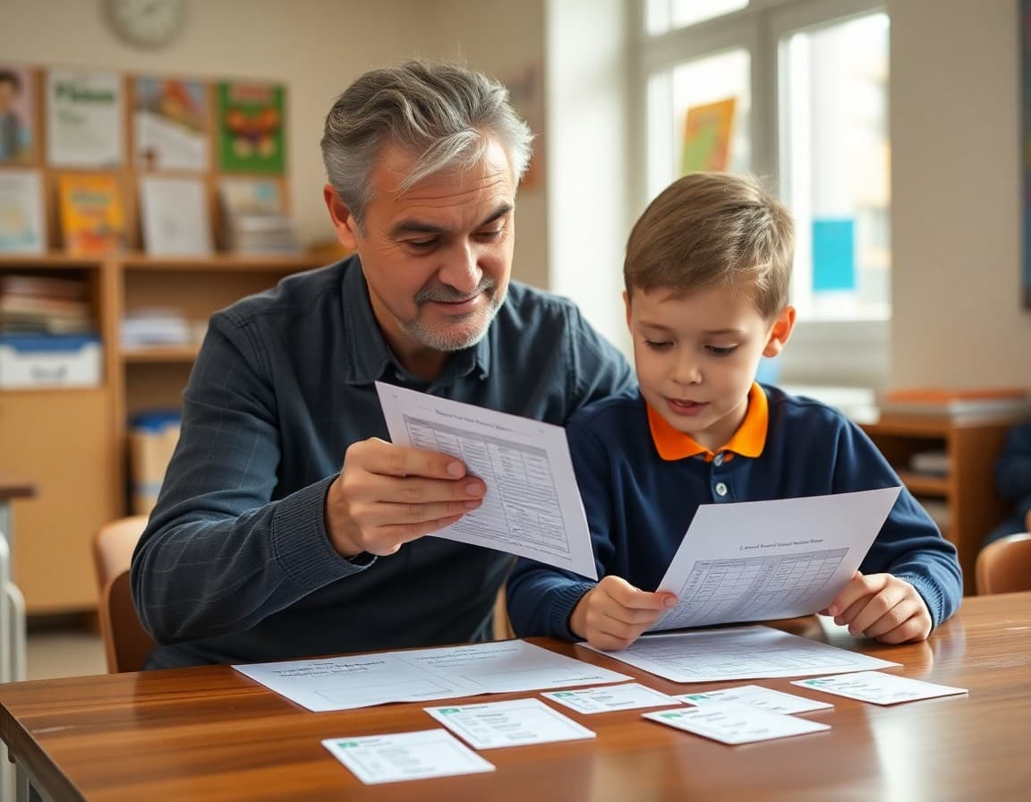 Parent and student reviewing a language class grade report together with vocabulary flashcards on the table