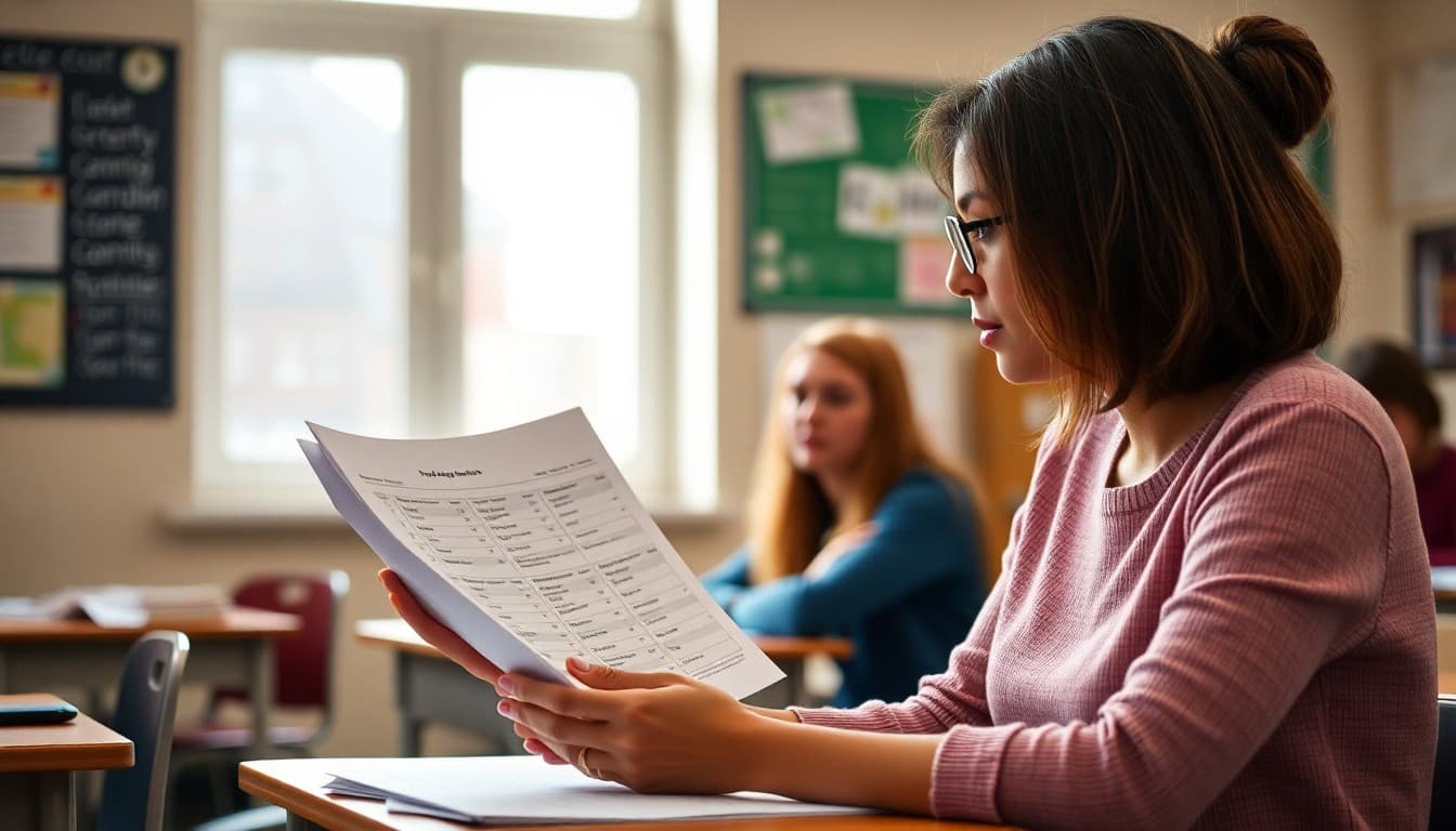 Foreign language teacher reviewing student speaking assessment scores on a grade report at a classroom desk
