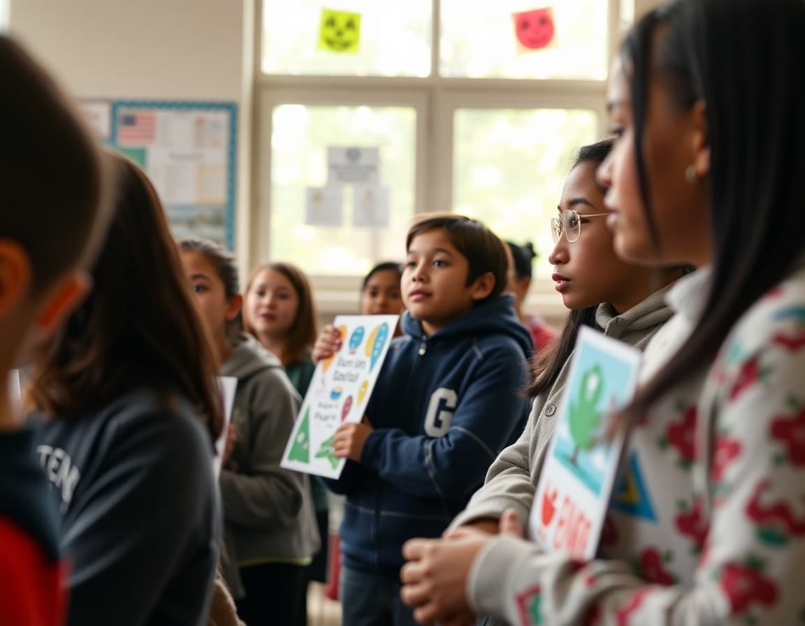 Students presenting cultural awareness projects during a world language national month celebration event