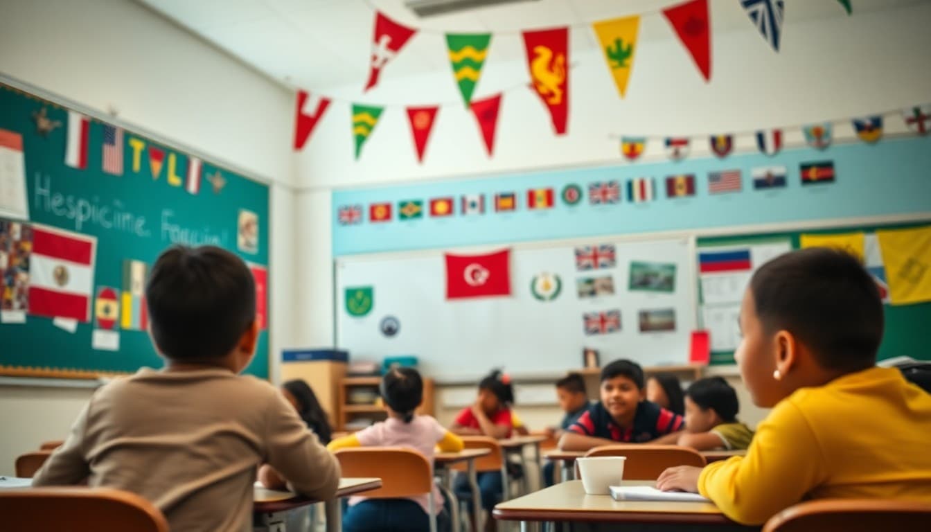 Language classroom decorated with cultural flags and student work celebrating Hispanic Heritage Month