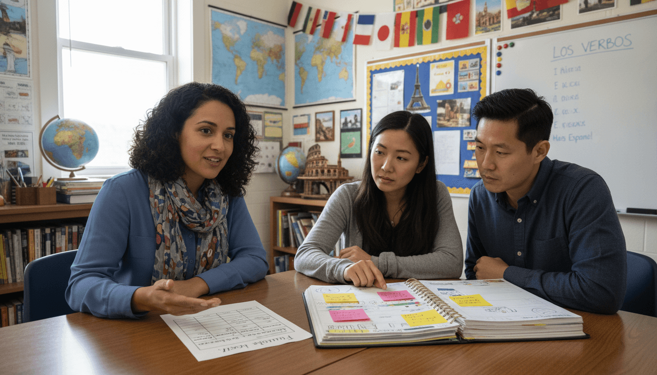 Foreign language teacher reviewing a student's speaking assessment recording and proficiency level chart with a parent at a conference