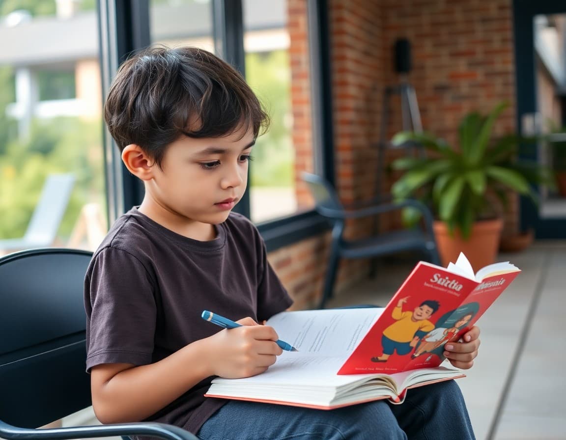 Student practicing summer language skills with a vocabulary notebook and bilingual novel on an outdoor patio