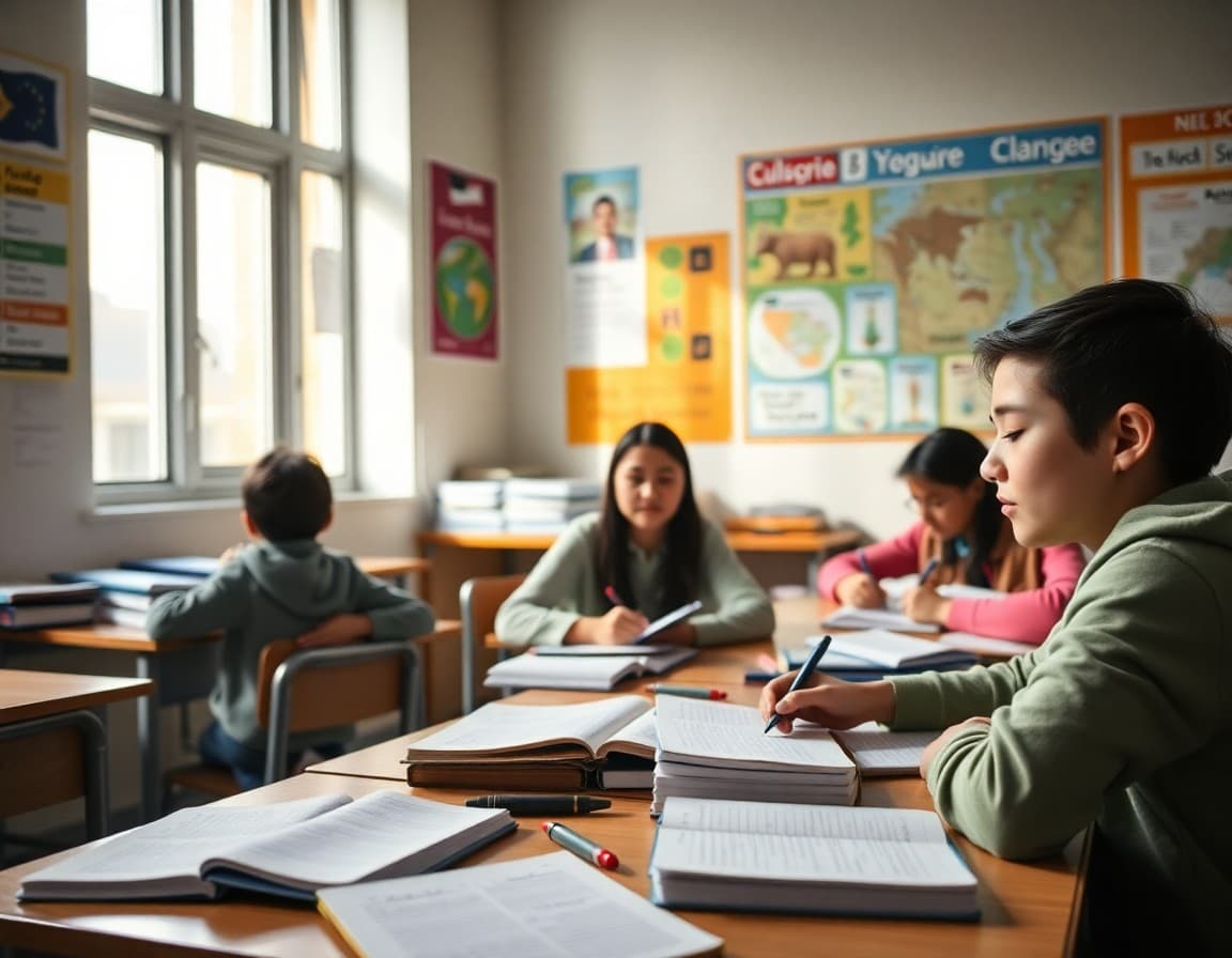 Organized foreign language classroom with vocabulary notebooks, bilingual dictionaries, and cultural posters