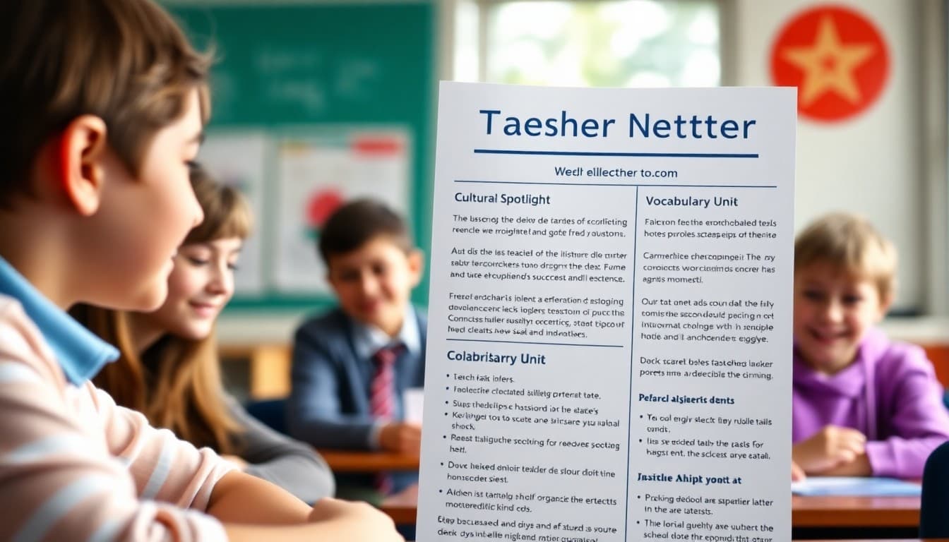 French teacher newsletter example showing cultural spotlight and vocabulary unit sections