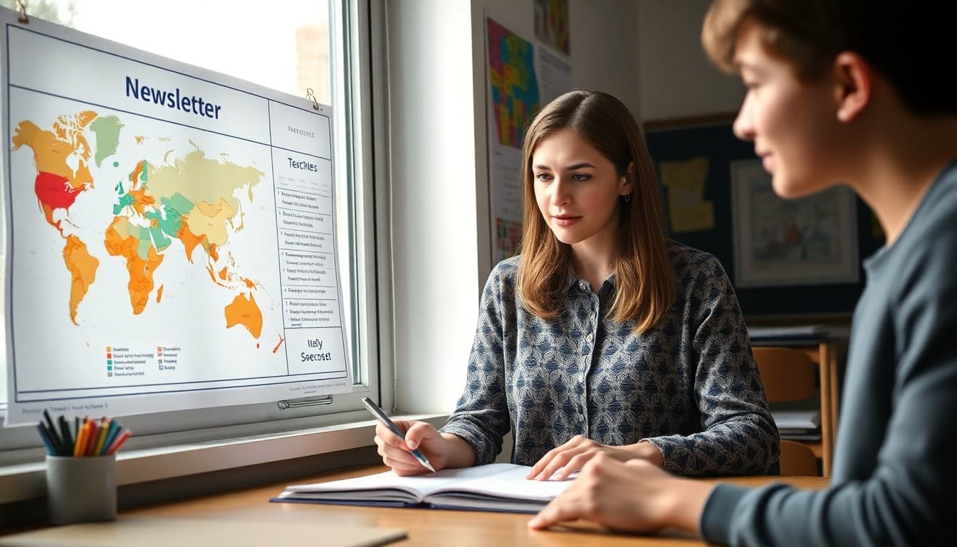 French teacher planning newsletter topics beside a map of Francophone countries and course calendar