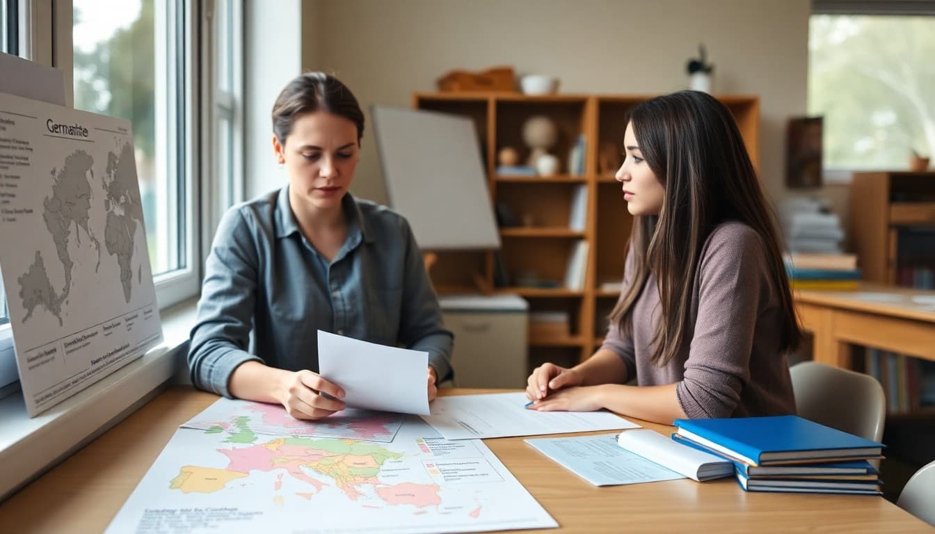 German teacher planning newsletter topics beside a map of German-speaking countries and course materials