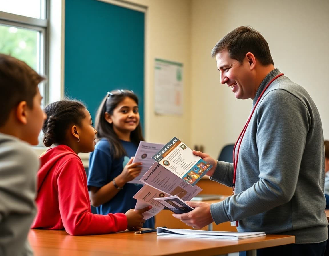 Students receiving first-day health class materials and program overview from their teacher at the start of the year
