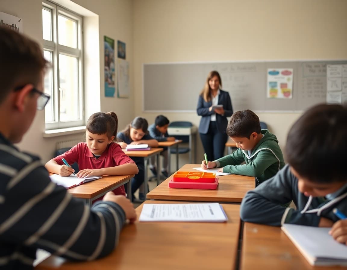 Students completing different health assignments at desks while teacher circulates