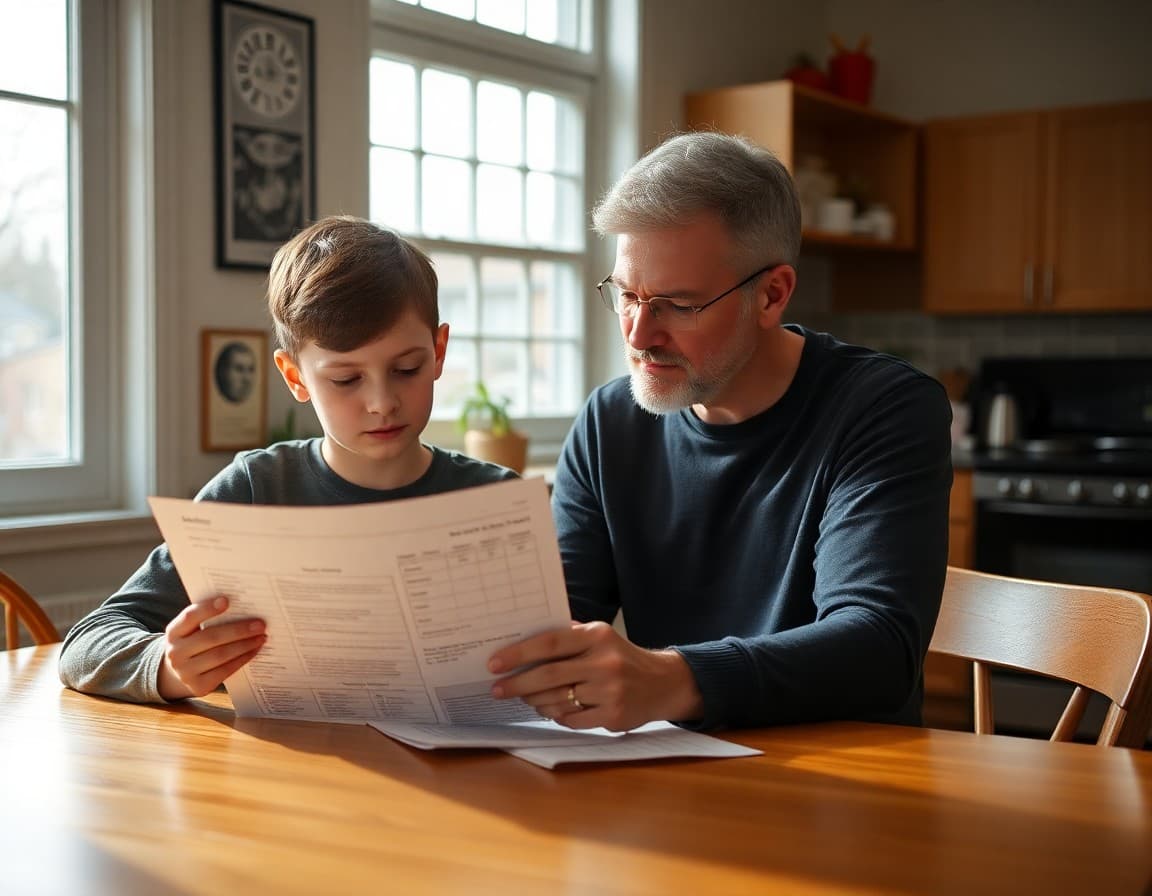 Parent and student reviewing a health class grade report with assessment feedback at a kitchen table