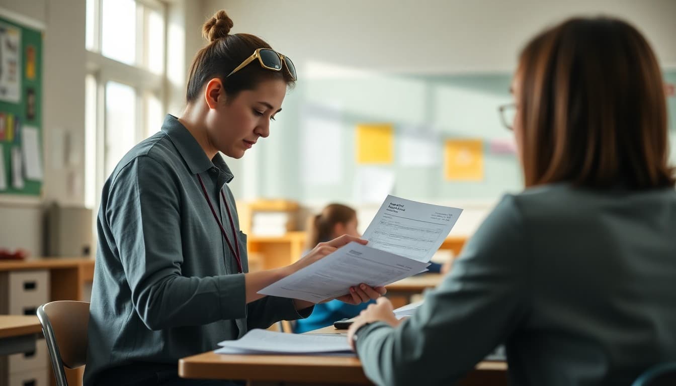 Health teacher reviewing student assessment scores and grade reports at a desk with health education materials