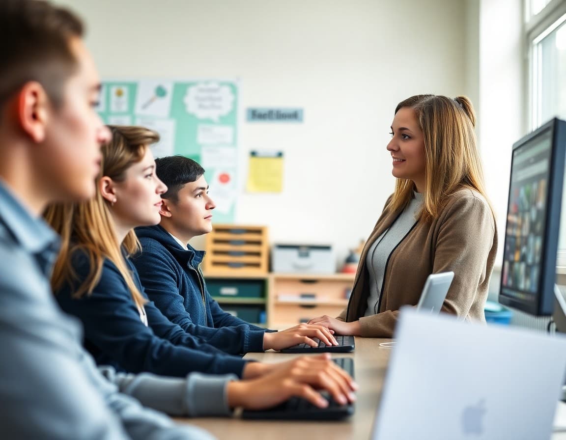 Health teacher reviewing national awareness month activity ideas at a classroom computer