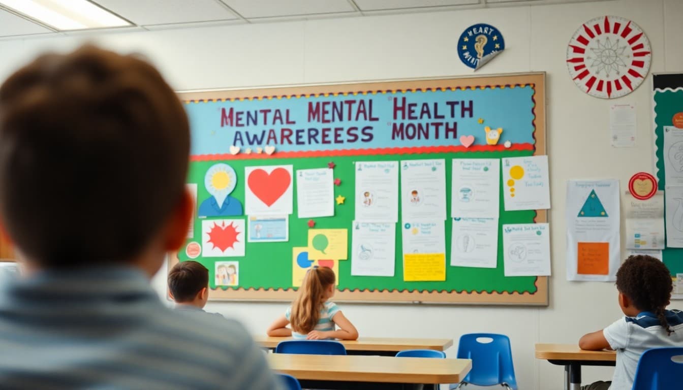 Colorful classroom bulletin board celebrating National Mental Health Awareness Month with student work
