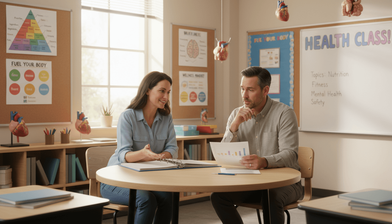 Health teacher meeting with a parent to discuss a student's health class performance and wellness skills development