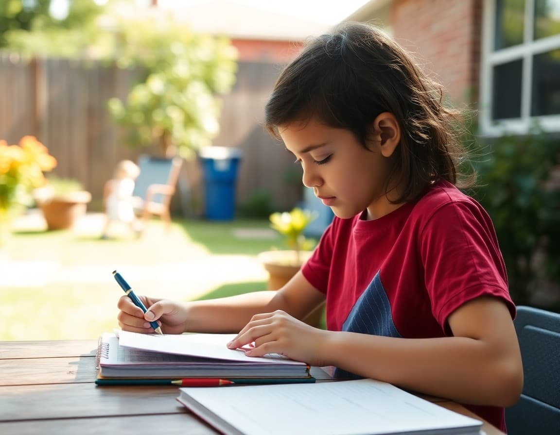 Student completing a summer health journal outdoors in a sunny backyard