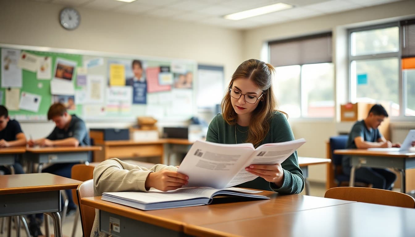 Health teacher preparing summer wellness assignment packets at a classroom desk