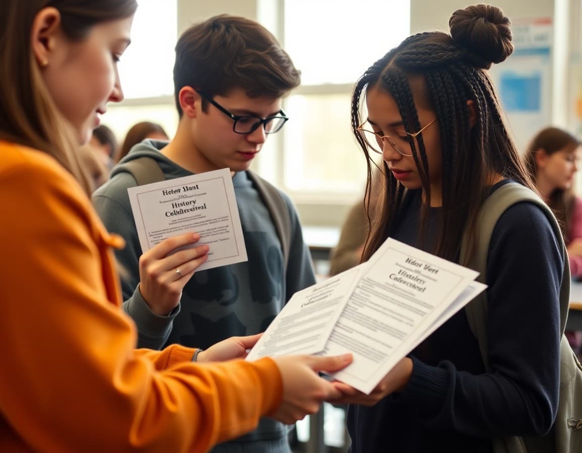 High school students receiving history course overview packets on the first day of class