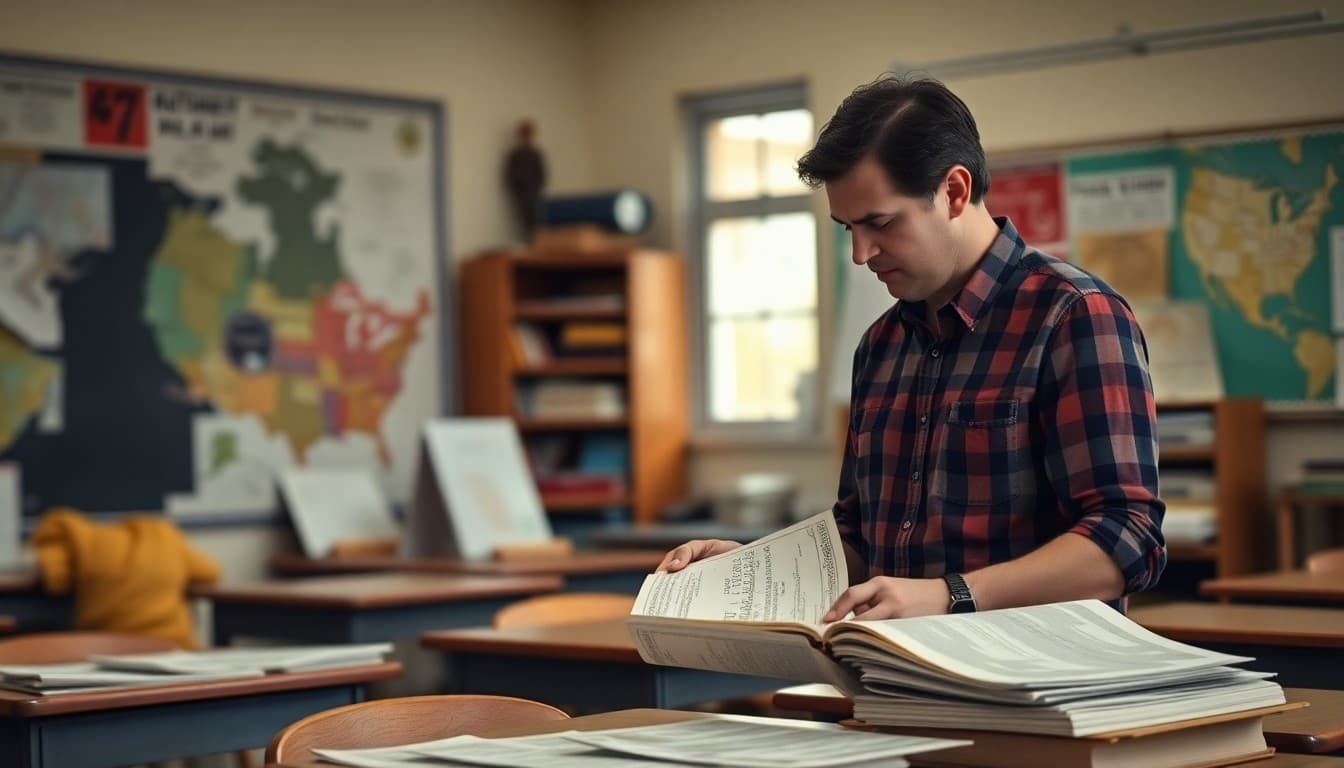 History teacher organizing classroom with historical maps and primary source documents before school year