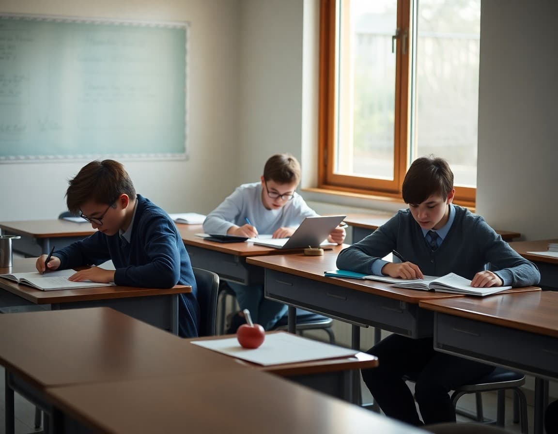 Students completing different complexity history analysis assignments at classroom desks