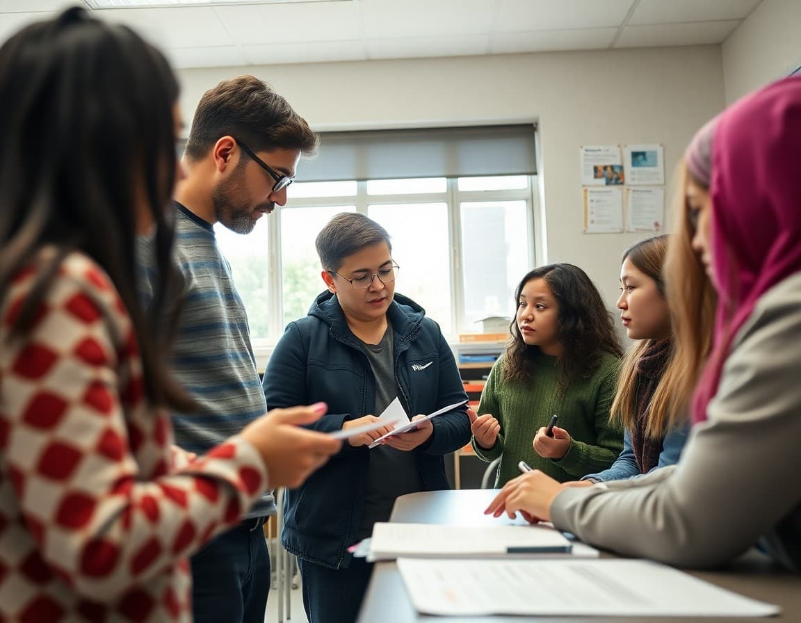 History teacher club sponsor reviewing student research project with team after school