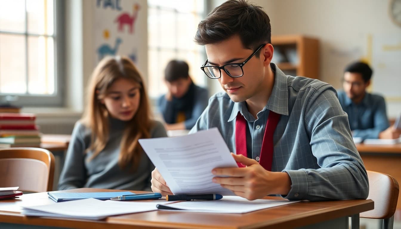 History teacher reviewing student essay grades at desk before sending parent grade report