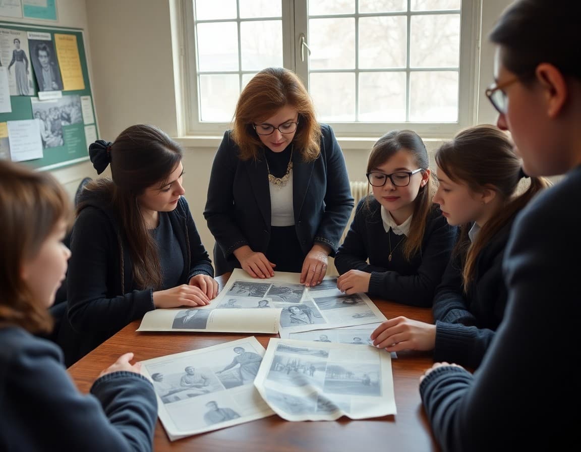 History teacher and students examining historical photographs during Women's History Month lesson