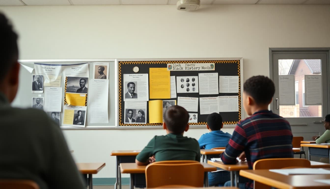 History classroom displaying student projects for Black History Month with primary sources on bulletin board