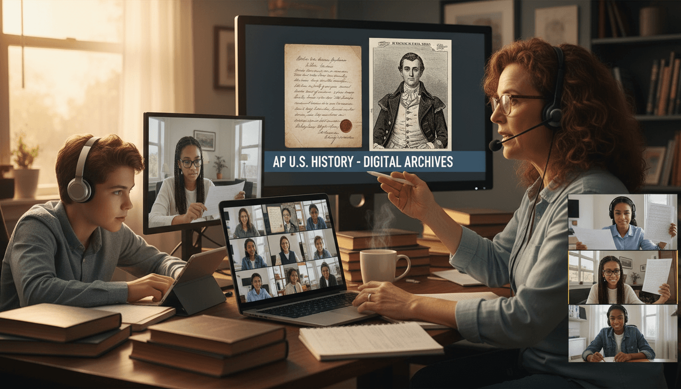 History teacher presenting a virtual lesson using digital primary sources and historical maps on a shared screen via video call