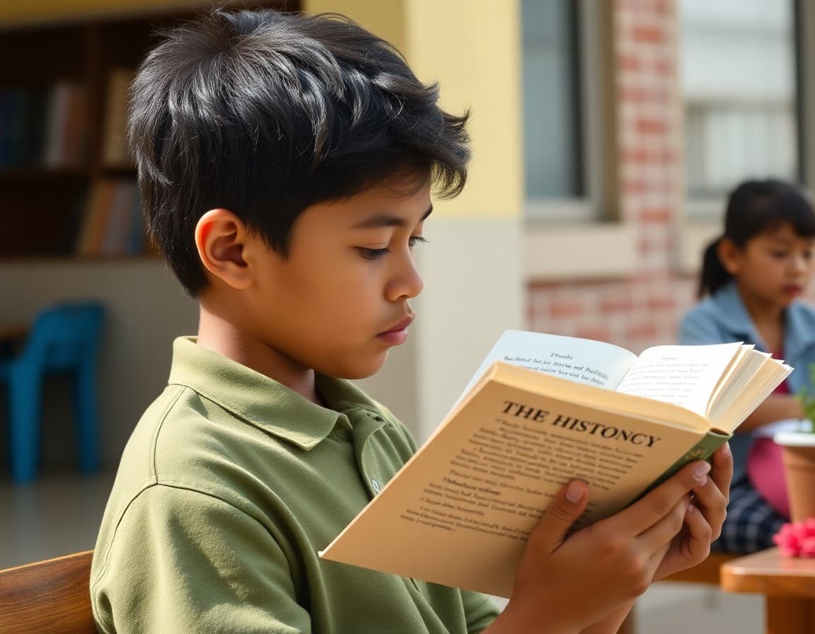 Student reading assigned history book outdoors as part of summer academic preparation
