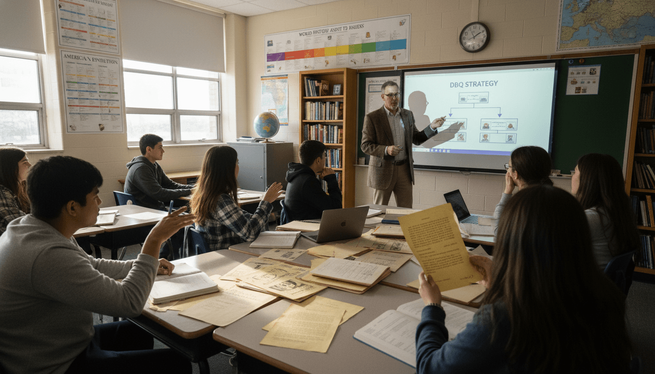 History teacher reviewing AP exam Document Based Question strategies and historical thinking skills with students before a test