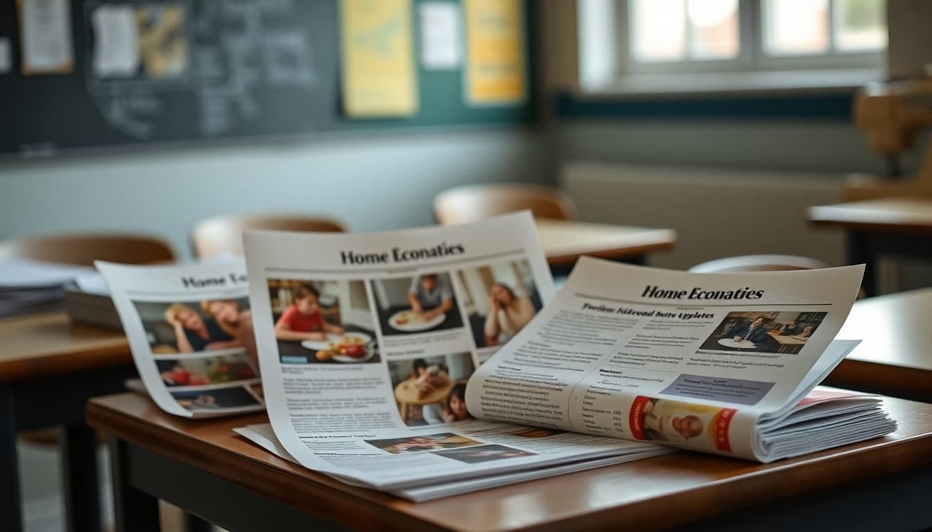 Printed home economics newsletters featuring cooking project photos and sewing unit updates on a desk
