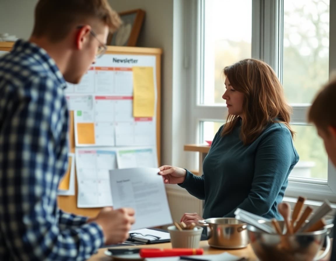 Home economics teacher reviewing newsletter ideas next to a unit calendar and cooking tools