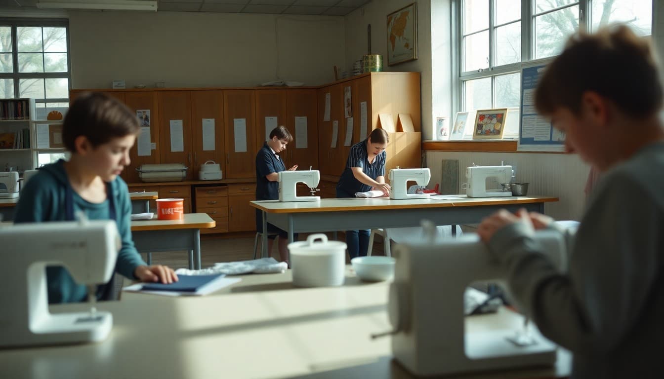 A home economics classroom with cooking stations, sewing machines, and project displays visible