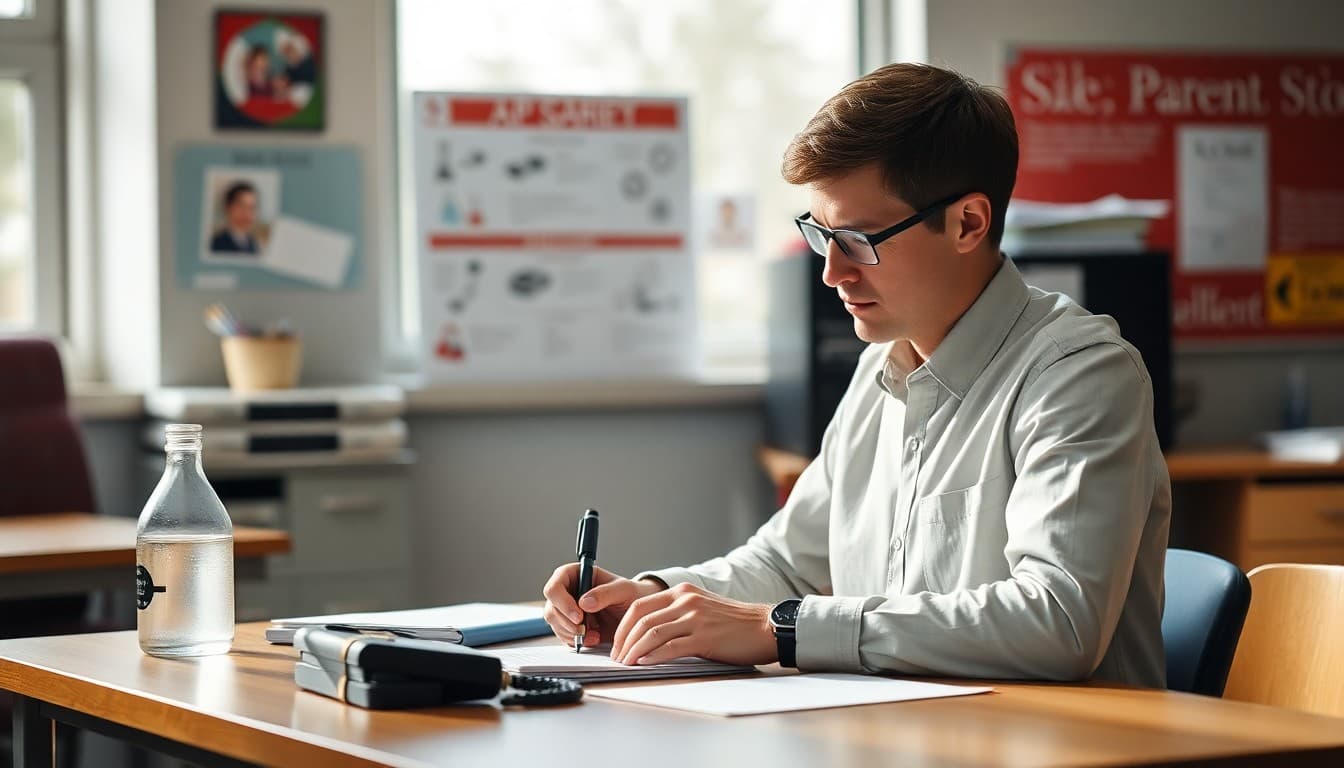 AP Chemistry teacher writing a parent newsletter at a desk with lab safety poster behind