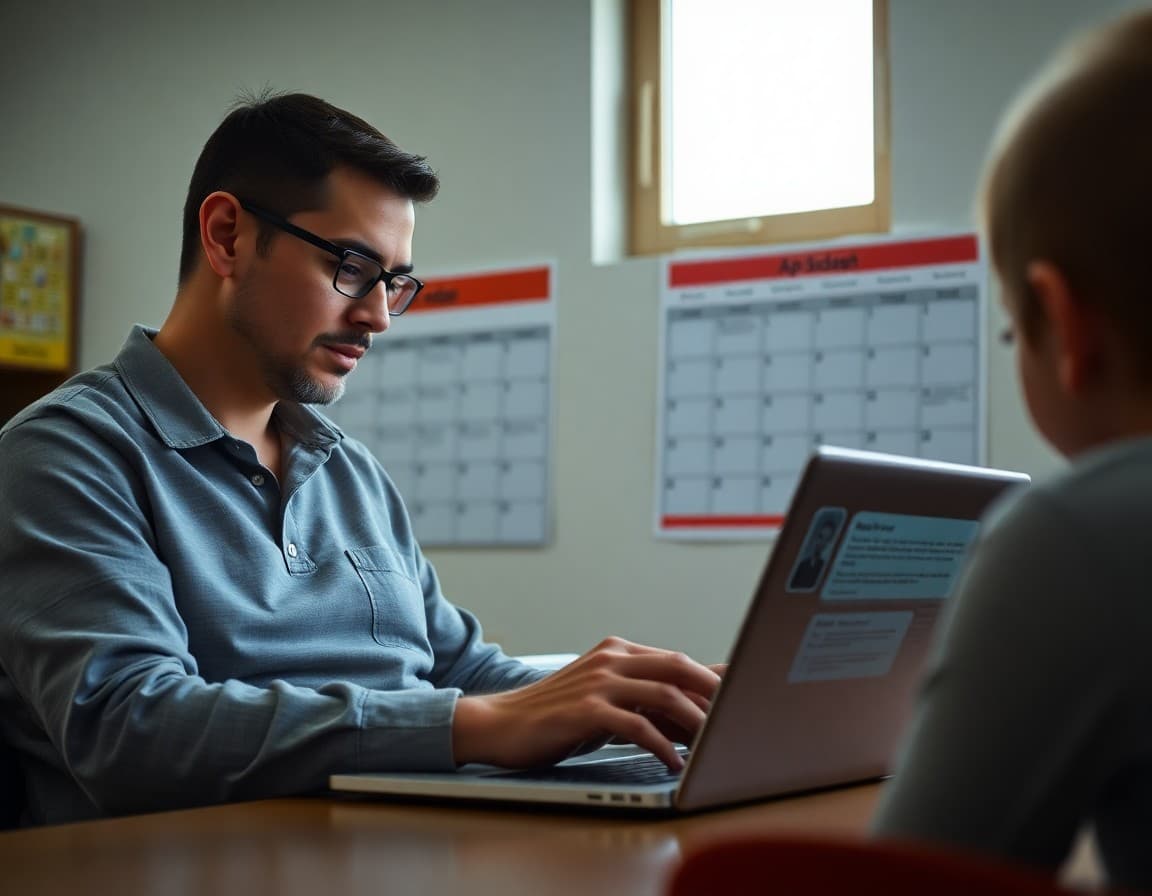 Parent reading an AP English class update on a laptop with AP exam calendar visible on the wall behind