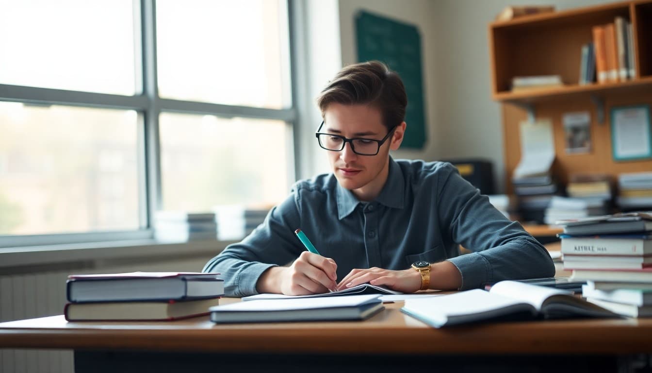 AP English teacher writing a parent newsletter at a desk with AP exam prep materials and literary texts visible