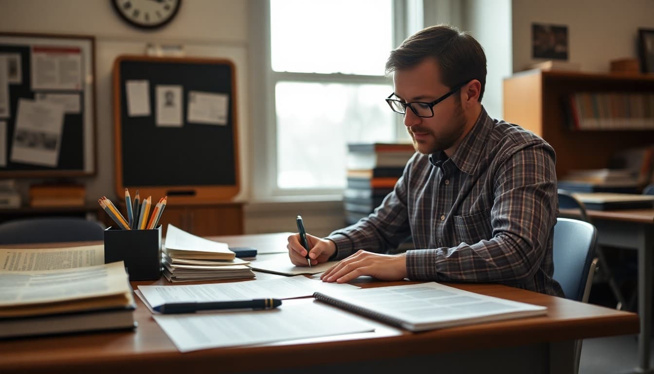 AP History teacher at a desk writing a parent newsletter with historical documents nearby