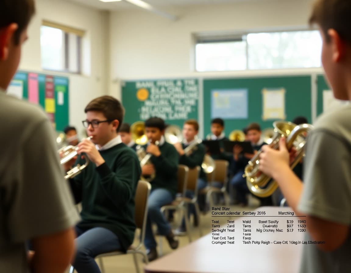 Band class newsletter draft with concert calendar and marching schedule sections