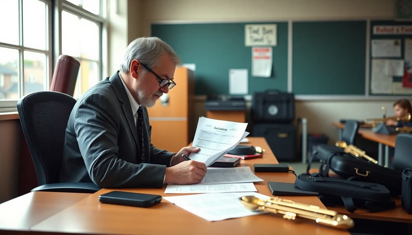 Band director writing parent newsletter at desk with concert schedule and instrument cases visible