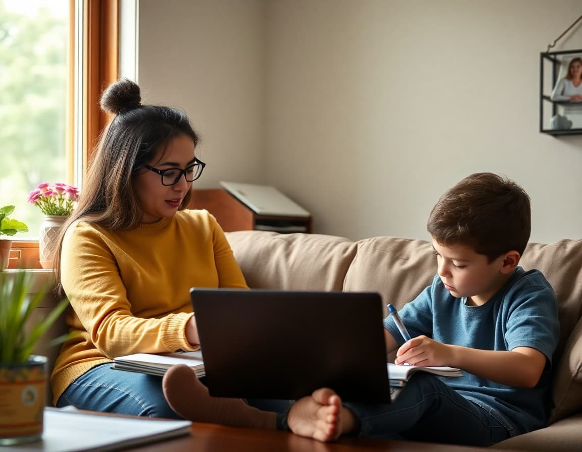 Parent reading a chemistry class update on a laptop at home while student works on homework
